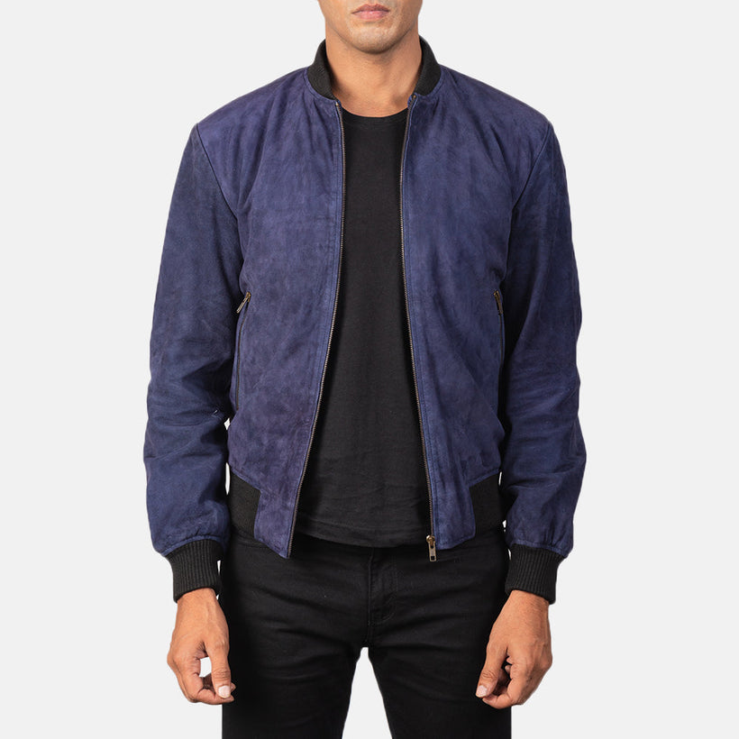 Shane Bleu Suede Blouson Bombardier en Cuir pour Homme