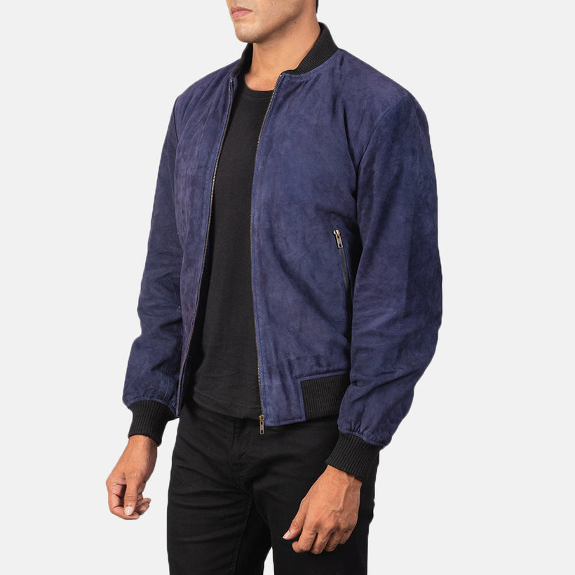 Shane Bleu Suede Blouson Bombardier en Cuir pour Homme