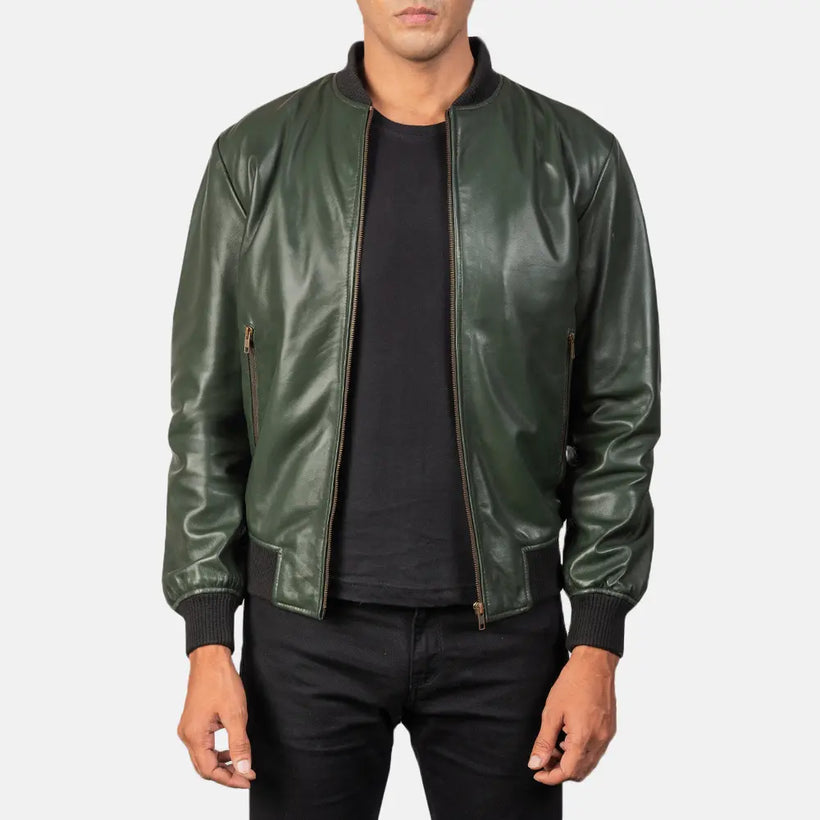 Shane Vert Blouson Bombardier en Cuir pour Homme