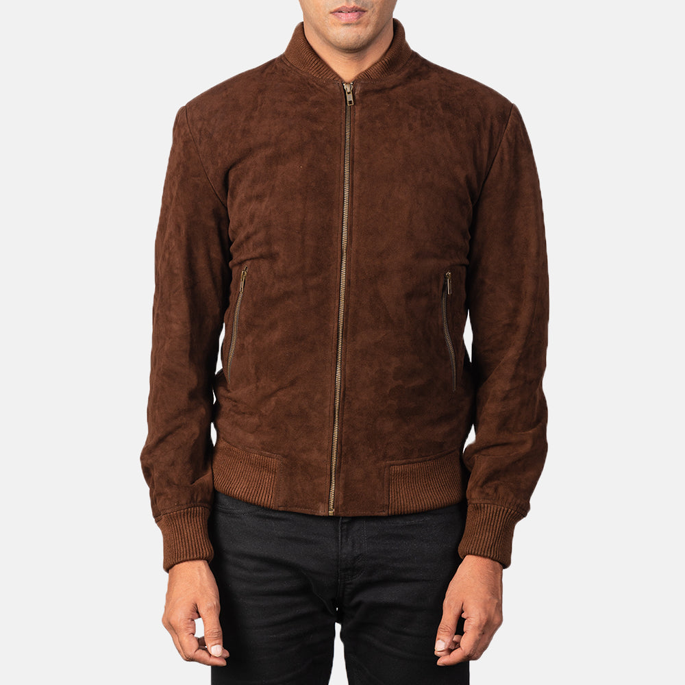 Vue détaillée of Varsity &amp; Zipper Hardware on Men's Shane Dark Mocha Brown Suede Bomber Jacket