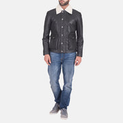 
Vue détaillée of Shirt style Faux Shearling Collar & Zipper + Button Flap Hardware on Snow Cole Noir Veste en Cuir pour Homme