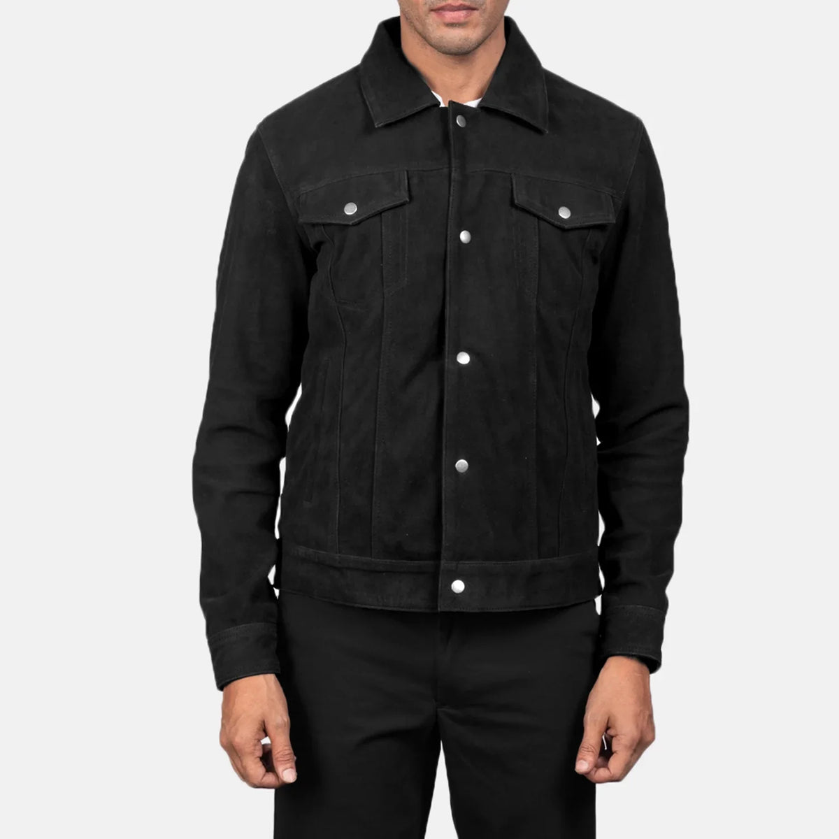 Vue détaillée of Shirt &amp; Snap Button Hardware on Men's Stallon Black Suede Jacket