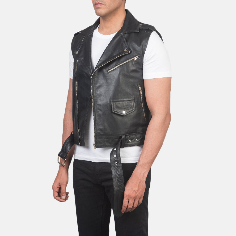 Black Cowhide Leather Biker Jacket - Vue de dos avec coupe ajustée aux épaules &amp; ourlet soigné
