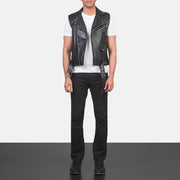 Men's Sullivan Noir Leather Biker Vest pour Homme - Vue de profil avec coupe de manche ergonomique