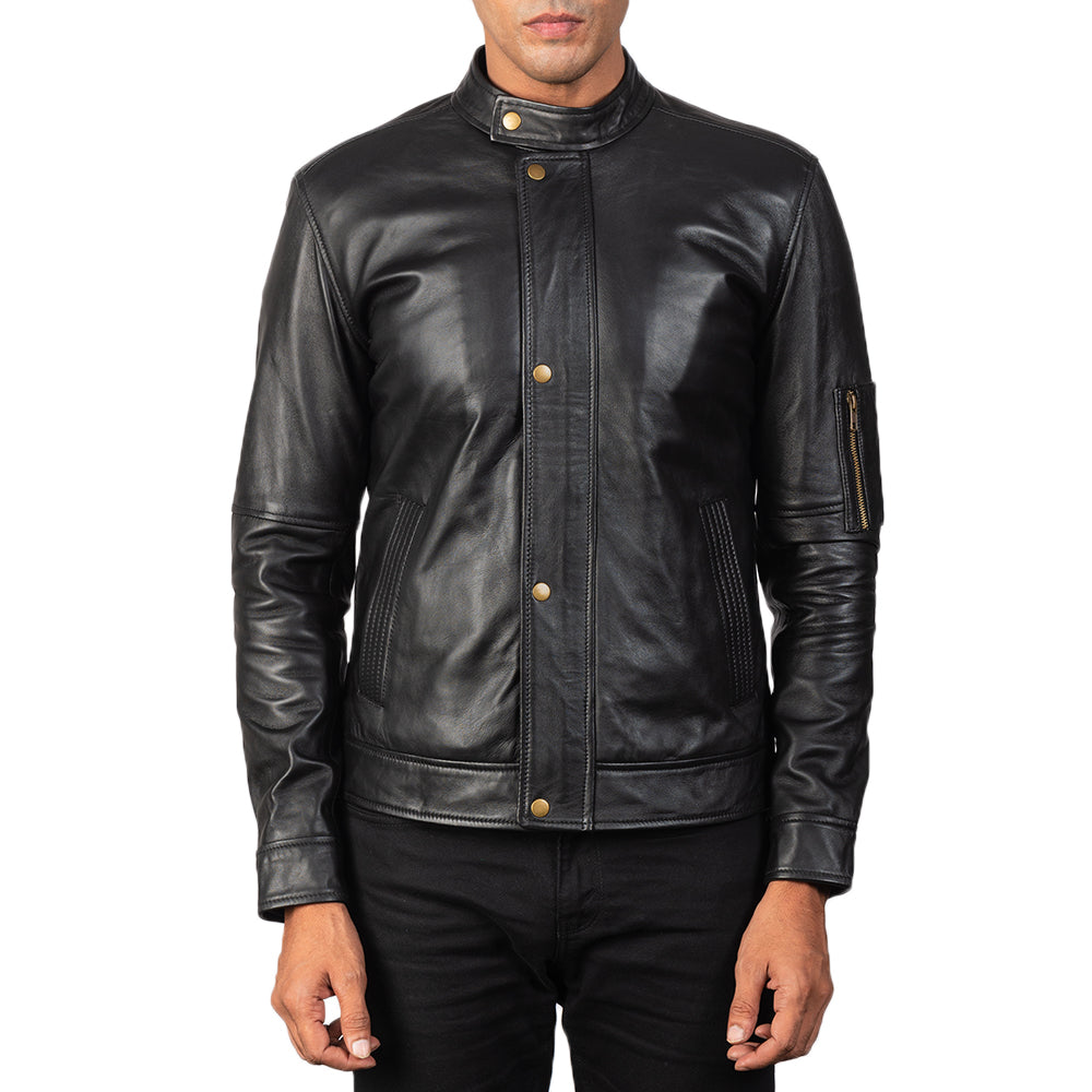 Men's Tea House Noir Veste Motard en Cuir pour Homme - Vue de profil avec coupe de manche ergonomique