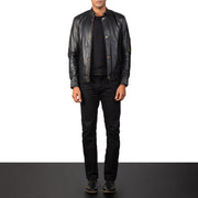 Vue détaillée of Band with snap button &amp; Zipper Hardware on Men's Tea House Noir Veste Motard en Cuir pour Homme