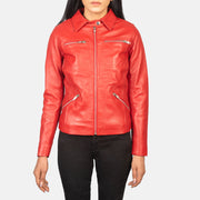 Vue détaillée of Shirt with Snap Button &amp; Zipper Hardware on Women's Tomachi Red Leather Jacket