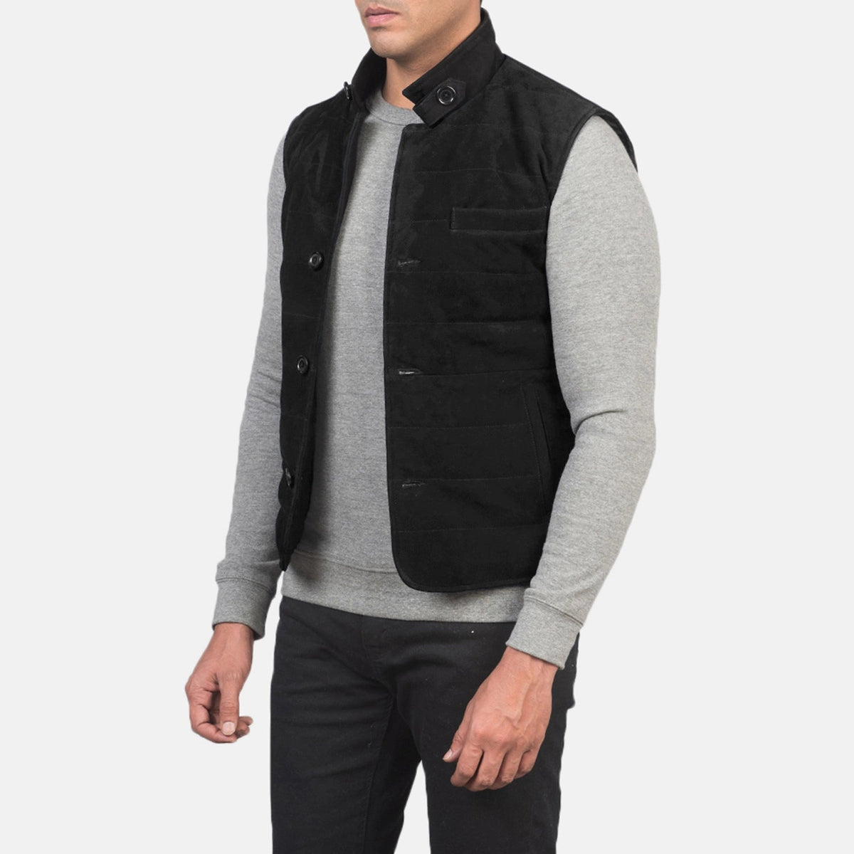 Black Goatskin Suede Leather Vest - Vue de dos avec coupe ajustée aux épaules &amp; ourlet soigné