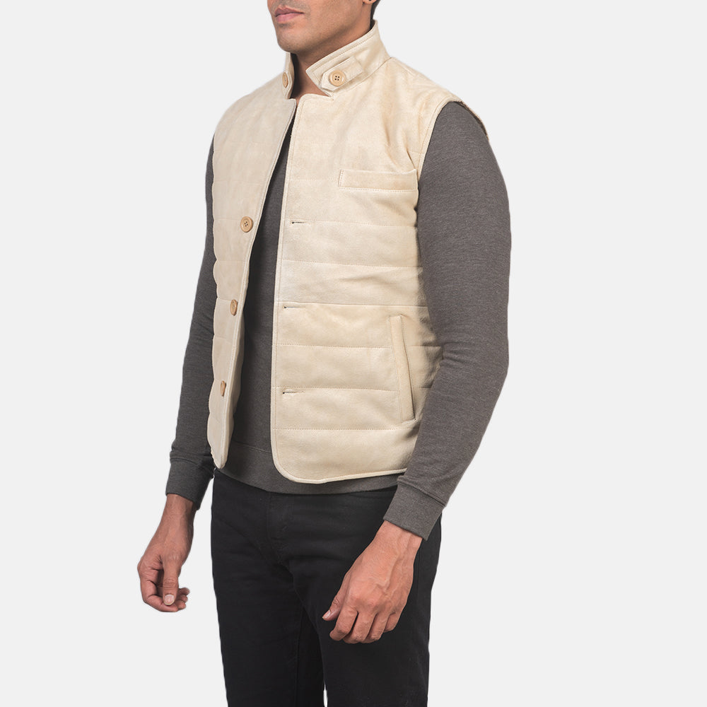 Off-White Goatskin Suede Leather Vest - Vue de dos avec coupe ajustée aux épaules &amp; ourlet soigné