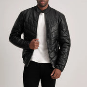 Travis Black Leather Puffer Jacket in Black Sheepskin Leather - Vue de face &amp; silhouette ajustée | Acheter en ligne