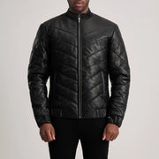 Vue détaillée of Classic Collar &amp; Zipper Hardware on Travis Black Leather Puffer Jacket