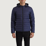 Vue détaillée of Classic Collar &amp; Zipper Hardware on Tyler Bleu Hooded Puffer Veste en Cuir pour Homme