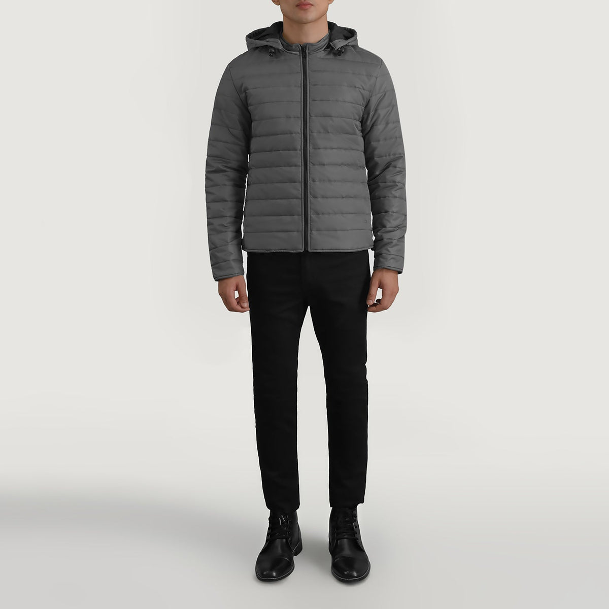 Tyler Gris Hooded Puffer Veste en Cuir pour Homme - Vue de profil avec coupe de manche ergonomique