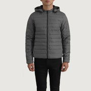 Vue détaillée of Classic Collar &amp; Zipper Hardware on Tyler Gris Hooded Puffer Veste en Cuir pour Homme
