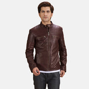Urbane Matelassé Bordeaux Veste Motard en Cuir pour Homme in Maroon Sheepskin Leather - Vue de face &amp; silhouette ajustée | Acheter en ligne
