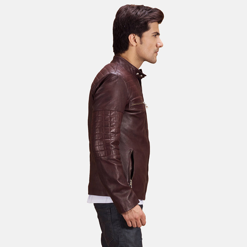 Urbane Matelassé Bordeaux Veste Motard en Cuir pour Homme
