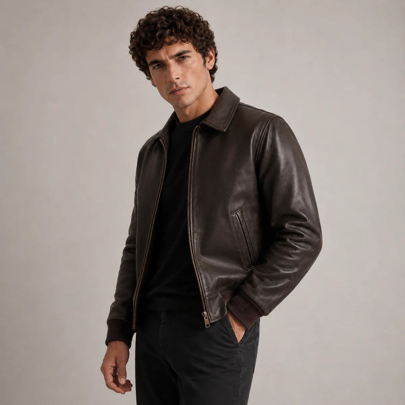 Dark Marron Sheepskin Blouson Bomber en Cuir pour Homme