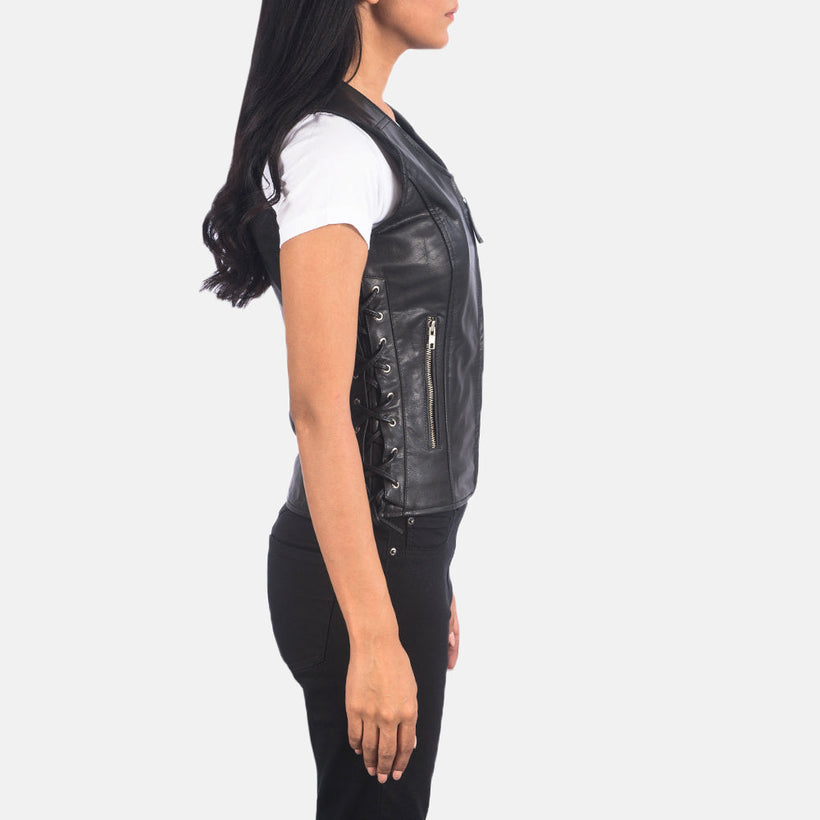 Vanda Noir Leather Biker Vest pour Femme