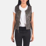 
Vanda Marron Vieilli Leather Biker Vest pour Femme in Distressed Brown Goatskin Leather - Vue de face & silhouette ajustée | Acheter en ligne