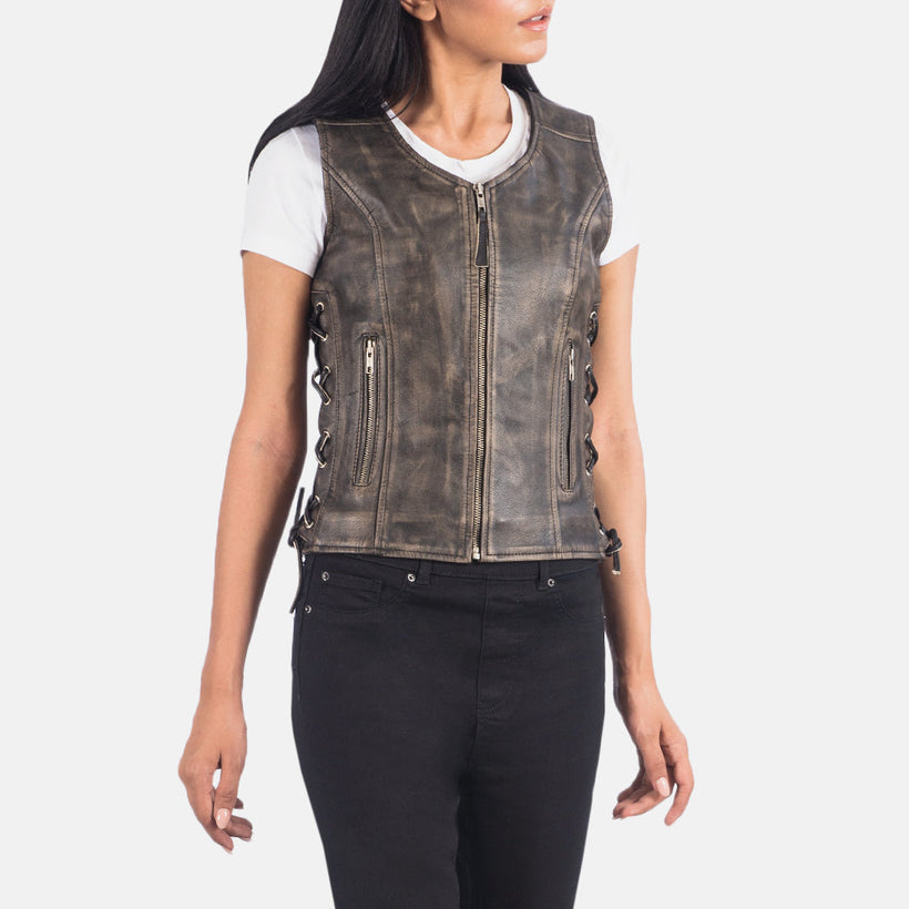 Vanda Marron Vieilli Leather Biker Vest pour Femme