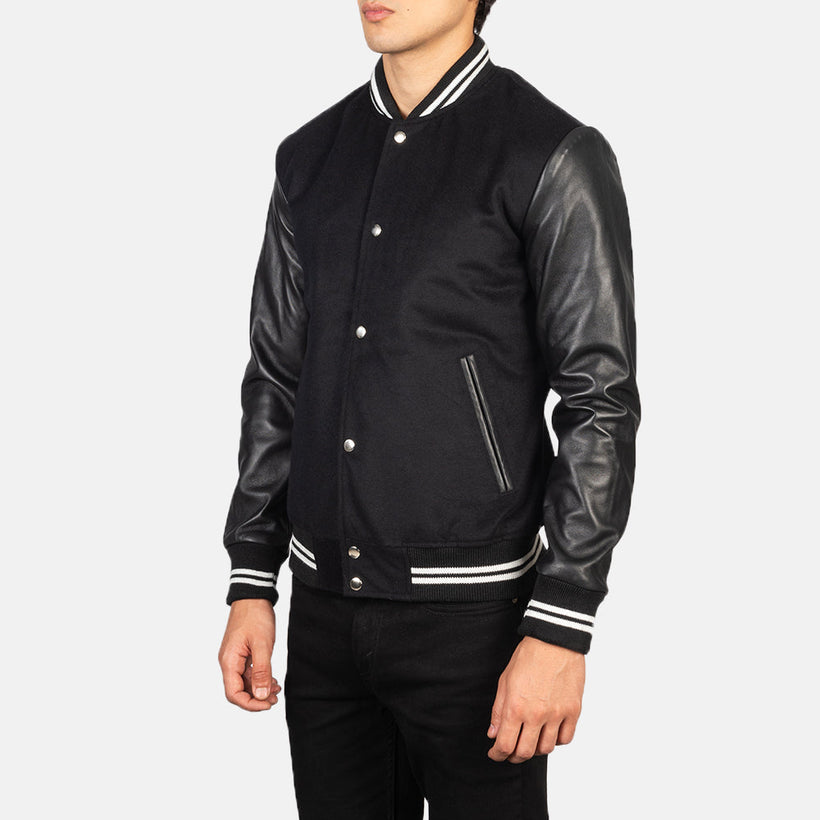Vaxton Noir Striped Hybrid Varsity Veste en Cuir pour Homme