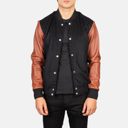 Men's Vaxton Brown Hybrid Varsity Jacket in Black &amp; Brown Sheepskin Leather - Vue de face &amp; silhouette ajustée | Acheter en ligne