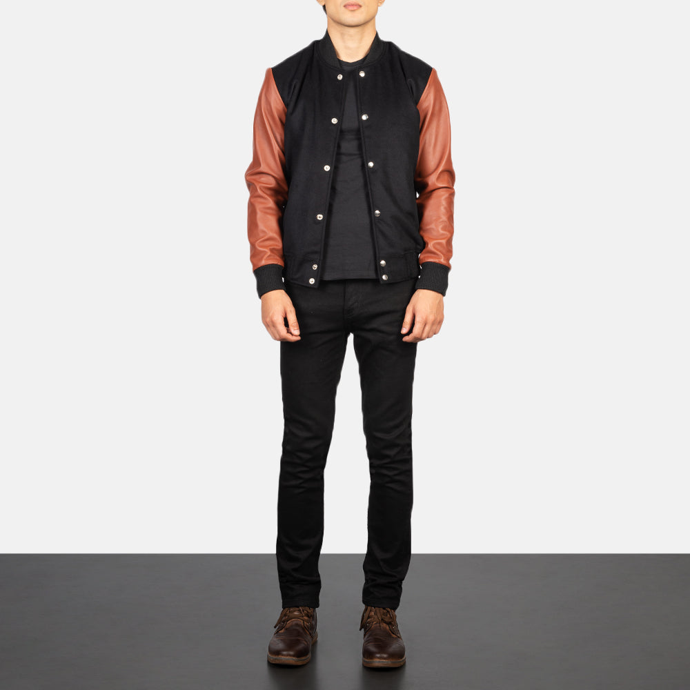 Men's Vaxton Brown Hybrid Varsity Jacket - Vue de profil avec coupe de manche ergonomique