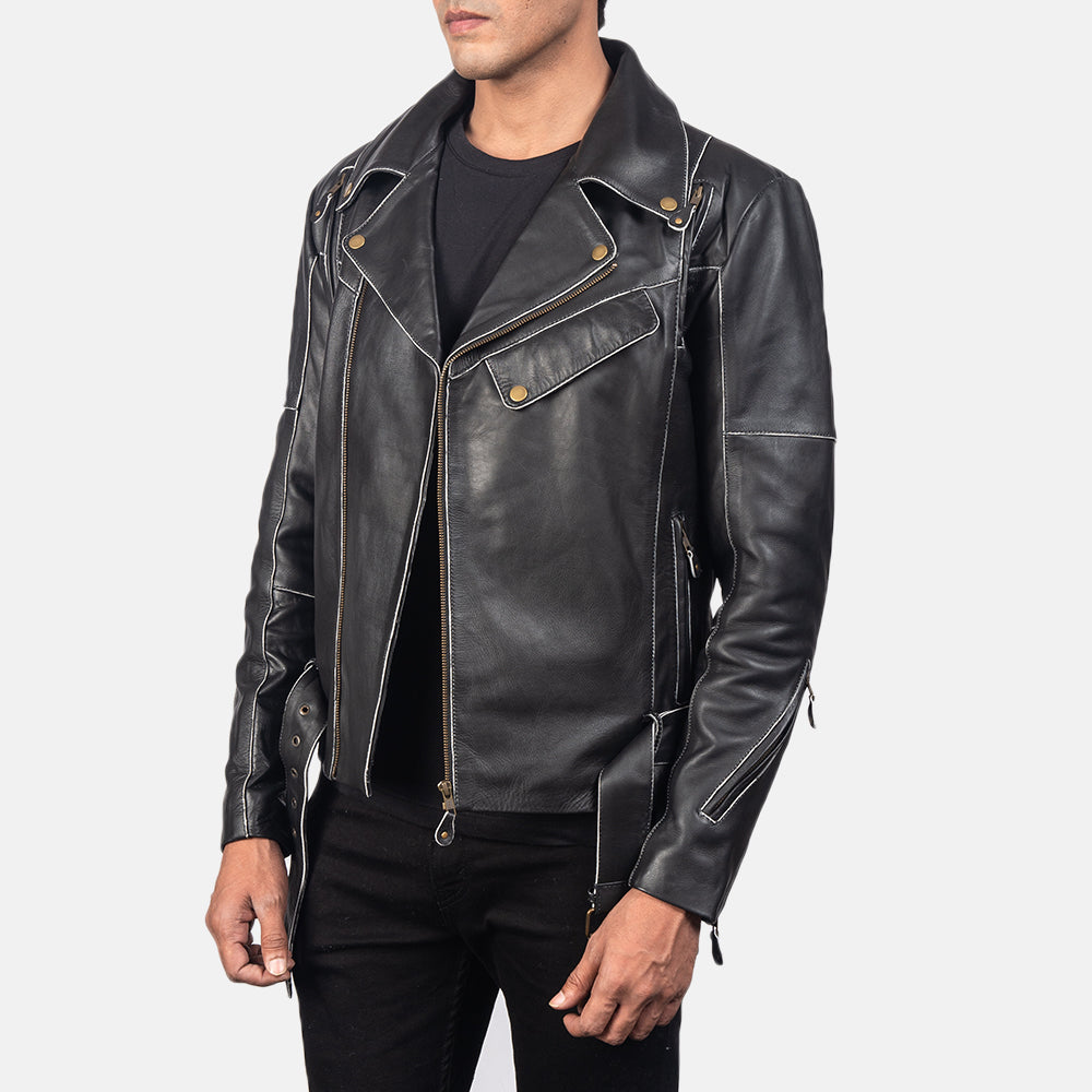 Distressed Vincent Noir Veste Motard en Cuir pour Homme - Vue de dos avec coupe ajustée aux épaules &amp; ourlet soigné