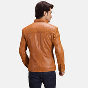 Vue détaillée of Notch &amp; Zipper Hardware on Voltex Camel Veste Motard en Cuir pour Homme