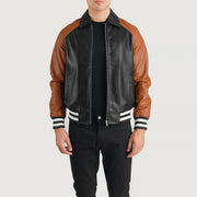 Walton Blue Leather Varsity Jacket in Blue Sheepskin Leather - Vue de face &amp; silhouette ajustée | Acheter en ligne