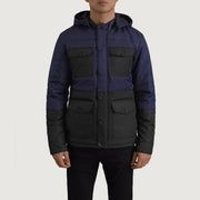
Vue détaillée of Classic Collar & Heavy-Duty Zipper Hardware on Wayne Noir & Bleu Hooded Puffer Veste en Cuir pour Homme