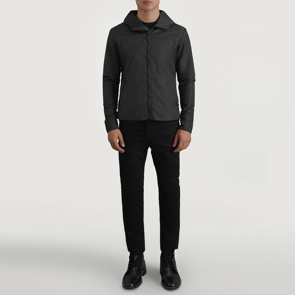 
Wesley Noir Hooded Windbreaker Veste en Cuir pour Homme - Vue de profil mettant en valeur la coupe de manche ergonomique