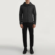 
Wesley Noir Hooded Windbreaker Veste en Cuir pour Homme - Vue de profil mettant en valeur la coupe de manche ergonomique