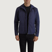 
Wesley Bleu Hooded Windbreaker Veste en Cuir pour Homme in Blue Full-Grain Leather - Vue de face & silhouette ajustée | Acheter en ligne
