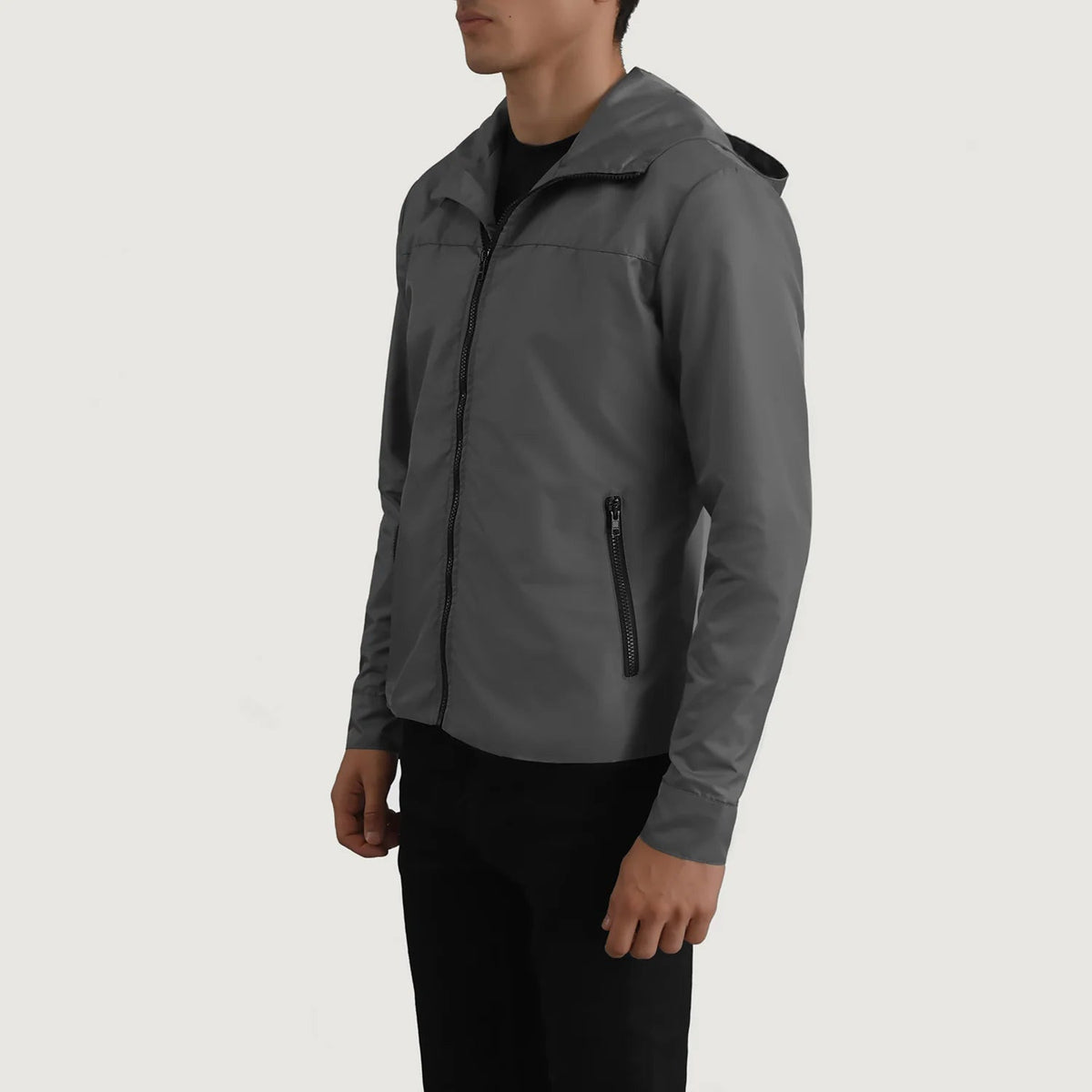 
Grey Full-Grain Leather Hooded Jacket - Vue arrière montrant la carrure ajustée et l'ourlet net