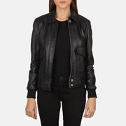 Women's Westa A-2 Black Leather Bomber Jacket in Black Sheepskin Leather - Vue de face &amp; silhouette ajustée | Acheter en ligne