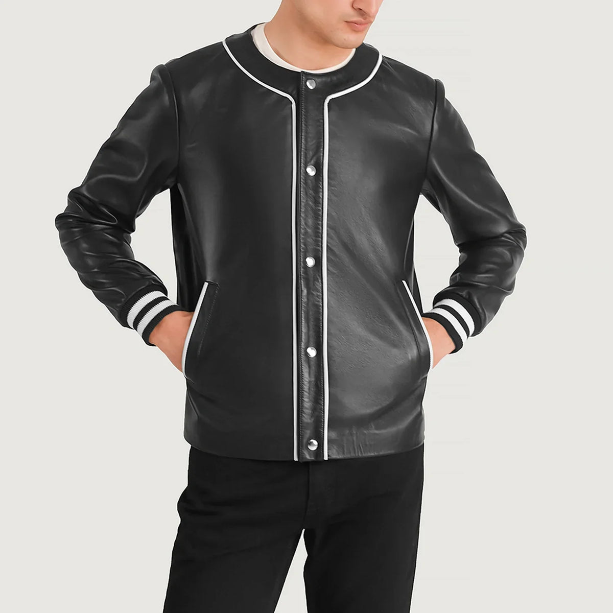 Vue détaillée of Collarless &amp; Snap Button Buttons Hardware on Willis Black Leather Varsity Jacket