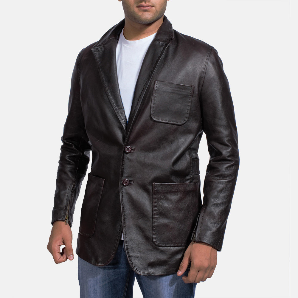
Wine Noir Blazer en Cuir en Cuir pour Homme in Dark Brown Cow Hide Leather - Vue de face & silhouette ajustée | Acheter en ligne