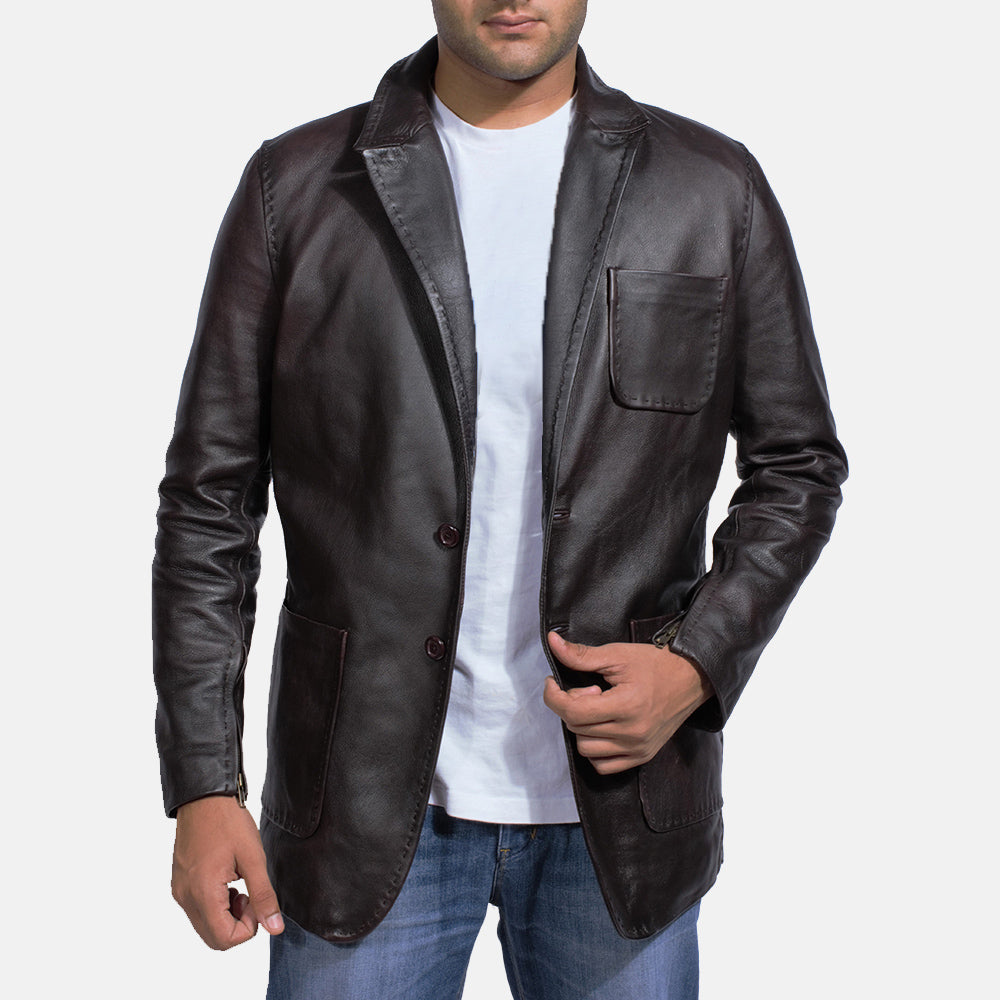
Dark Brown Cow Hide leather Blazer - Vue arrière montrant la carrure ajustée et l'ourlet net