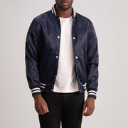 Xander Bleu Varsity Veste en Cuir pour Homme - Vue de profil avec coupe de manche ergonomique