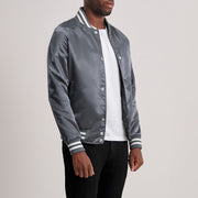 Grey Satin Varsity Jacket - Vue de dos avec coupe ajustée aux épaules &amp; ourlet soigné
