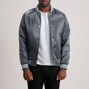 Xander Gris Varsity Veste en Cuir pour Homme - Vue de profil avec coupe de manche ergonomique
