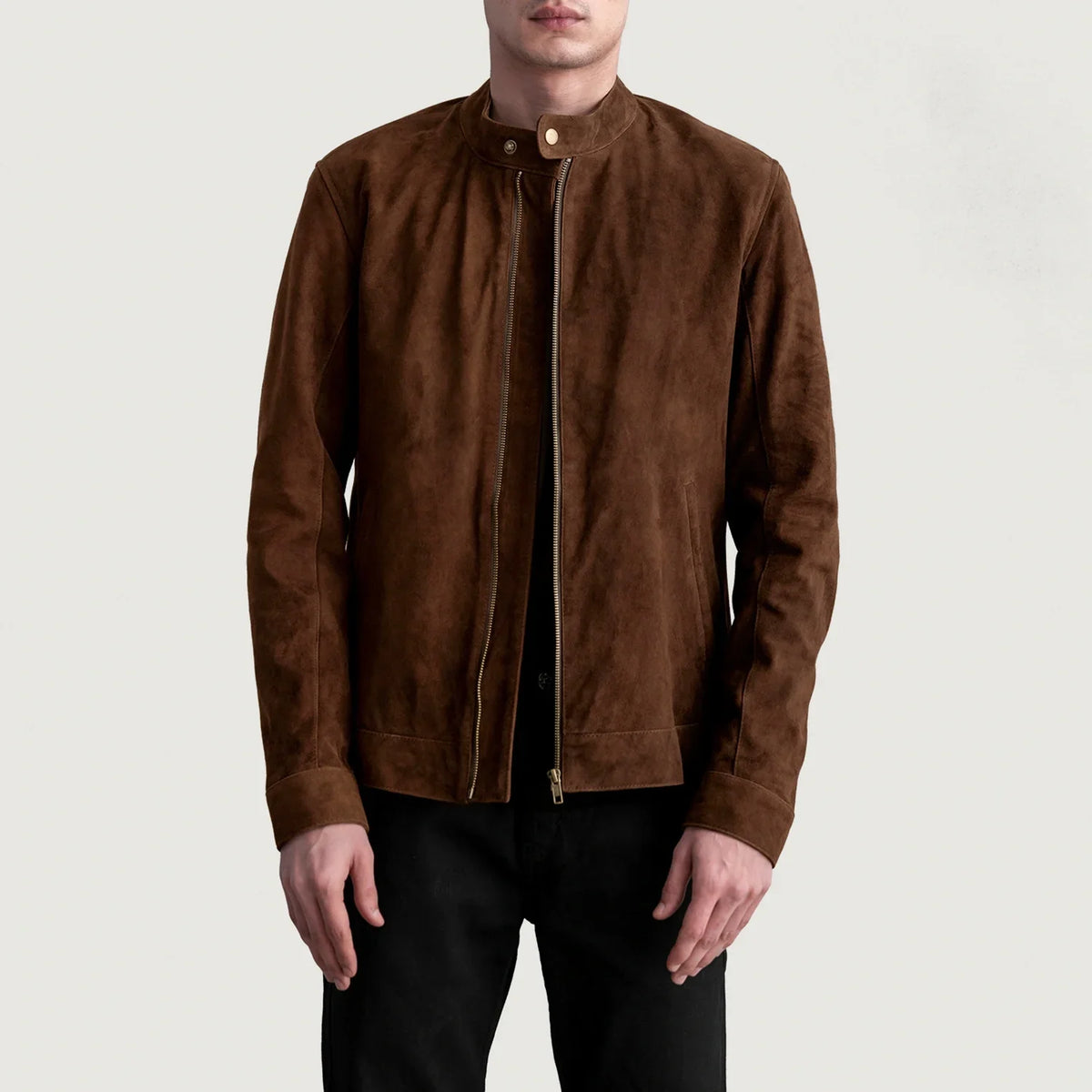 Zen Brown Suede Biker Jacket in Brown Goatskin Suede - Vue de face &amp; silhouette ajustée | Acheter en ligne