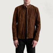 Zen Brown Suede Biker Jacket in Brown Goatskin Suede - Vue de face &amp; silhouette ajustée | Acheter en ligne