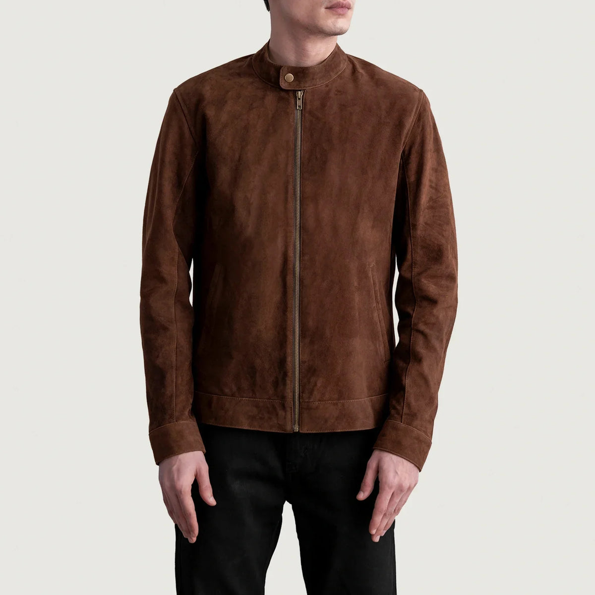 Zen Brown Suede Biker Jacket - Vue de profil avec coupe de manche ergonomique