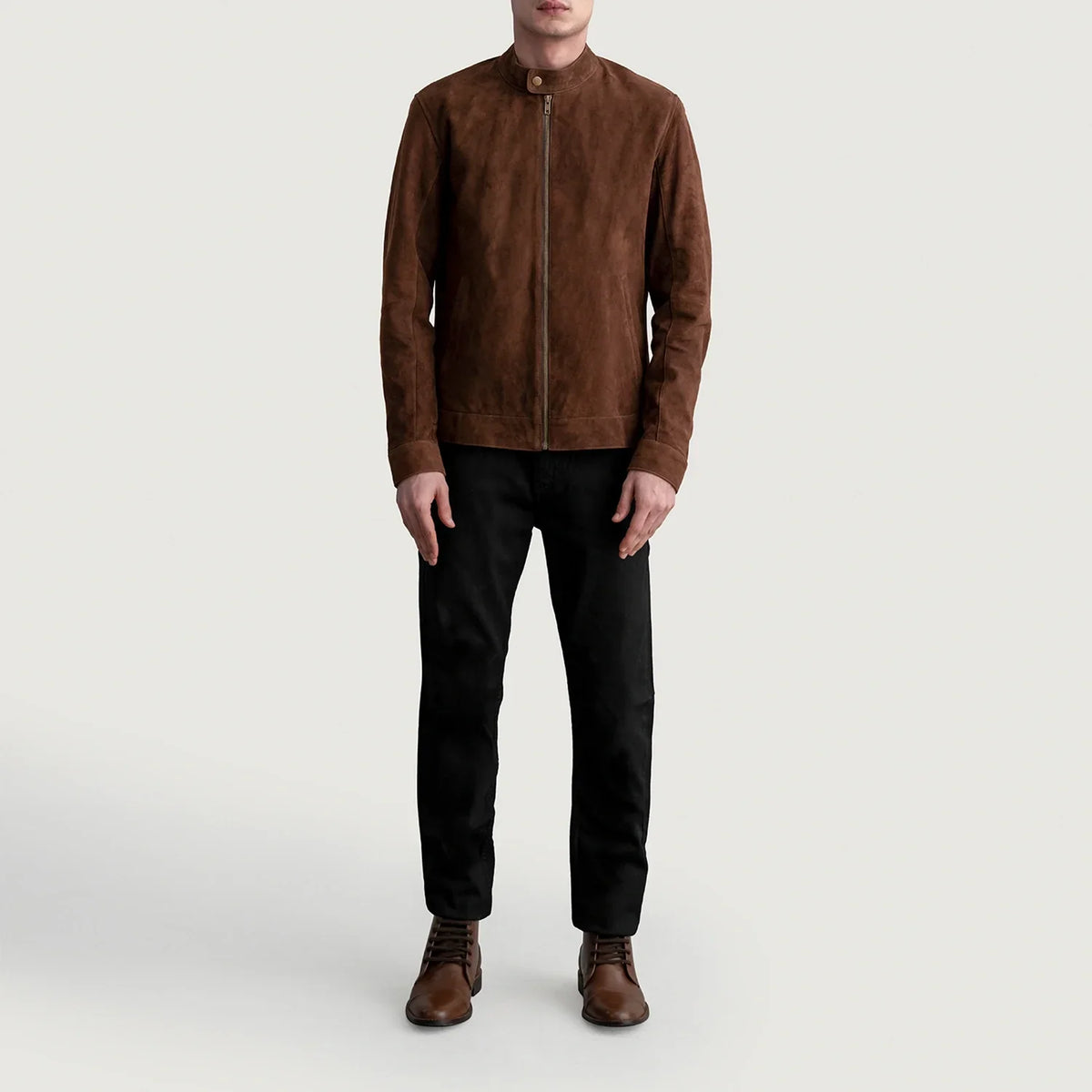 Vue détaillée of Snap Button &amp; Zipper Hardware on Zen Brown Suede Biker Jacket