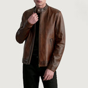 Zen Patine Usée Marron Veste Motard en Cuir pour Homme in Distressed Brown Sheepskin Leather - Vue de face &amp; silhouette ajustée | Acheter en ligne