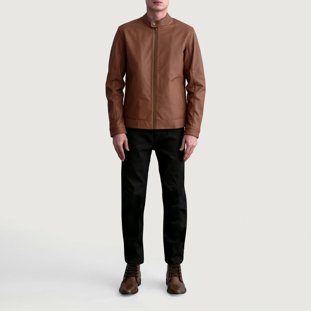 Vue détaillée of Snap Button &amp; Zipper Hardware on Zen Matte Marron Veste Motard en Cuir pour Homme