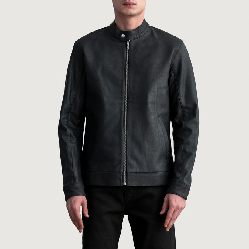 Zen Tumbled Noir Veste Motard en Cuir pour Homme