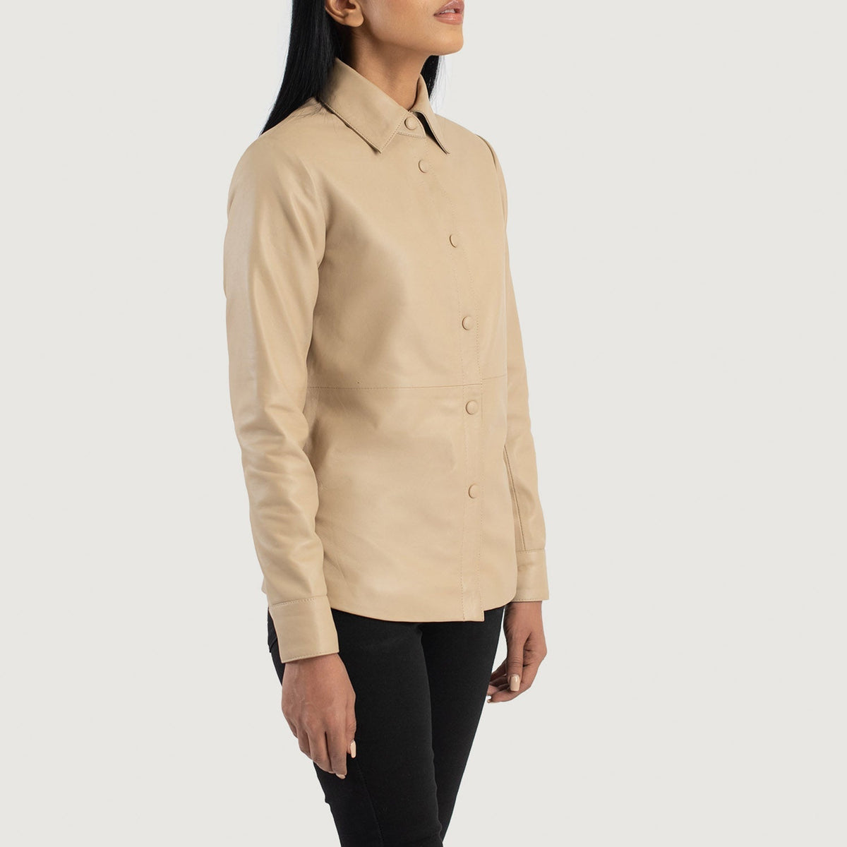 Beige Sheepskin Leather Biker Jacket - Vue de dos avec coupe ajustée aux épaules &amp; ourlet soigné